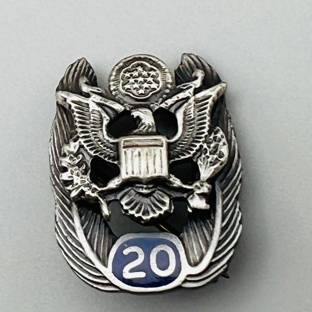 Vintage 20 Year Service Award Government Lapel Pin Silver Tone Enamel Eagle
